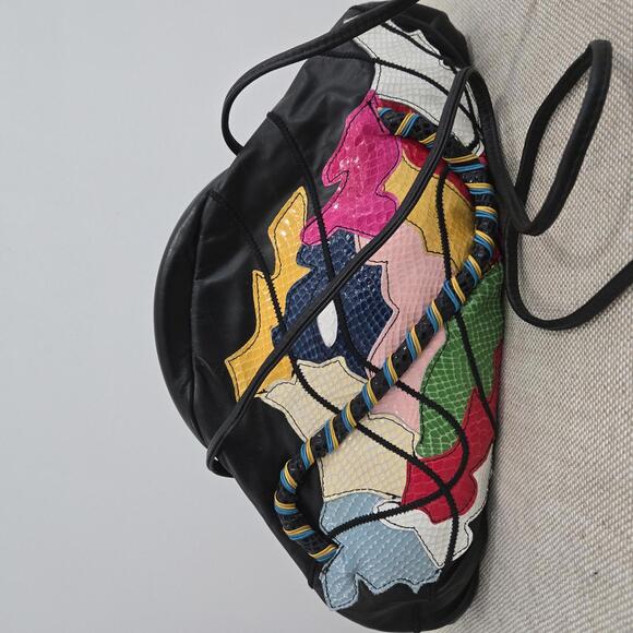 Vintage Leather Bag Statement Abstract Multi Color Shoulder Crossbody Purse - Picture 2 of 10